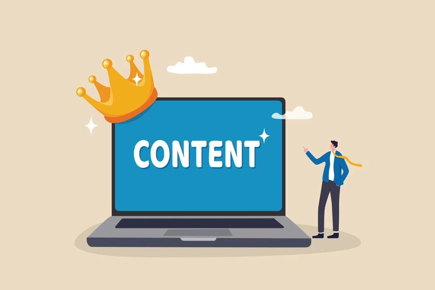Illustration of a large laptop with the word CONTENT on the screen, topped with a golden crown. Next to the laptop stands a small figure of a person gesturing towards the screen, implying the importance of content.