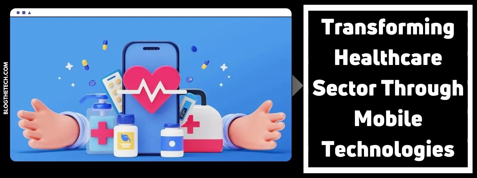 Banner illustrating the integration of mobile technology in healthcare, featuring a stylized smartphone with health-related graphics, playful hands, and an informative slogan on the right.