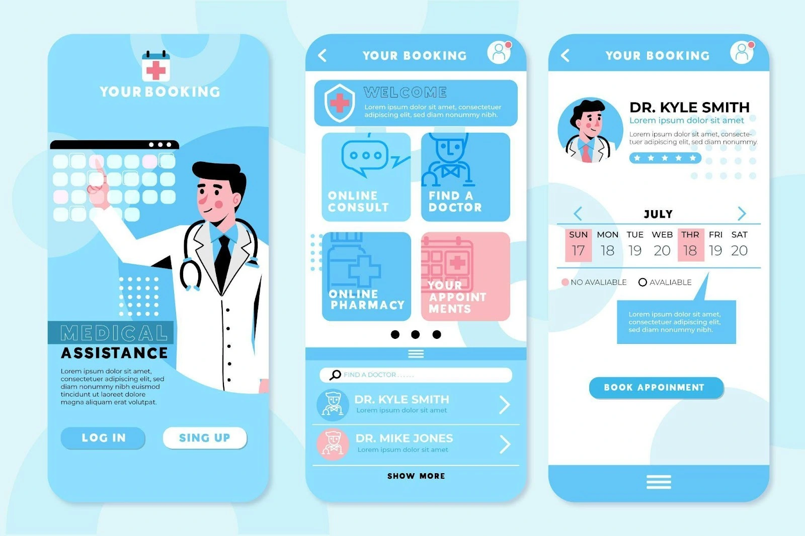 Illustration of a healthcare mobile app with a friendly doctor character, appointment scheduling feature, and various medical services offered.
