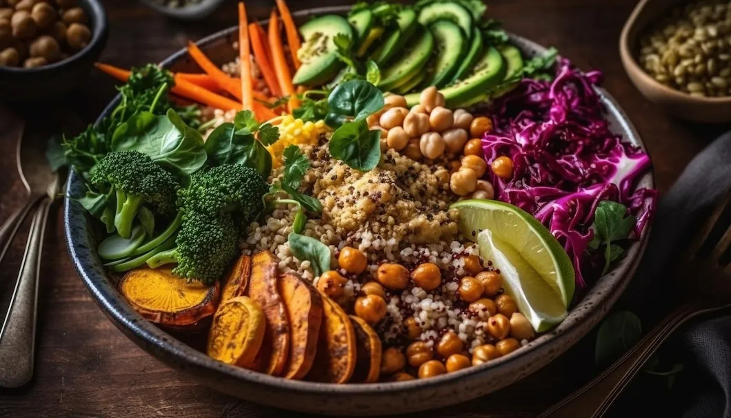 Colorful plant-based Buddha bowl featuring roasted sweet potatoes, grains with chickpeas, fresh broccoli, raw vegetables, avocado, and red cabbage, garnished with herbs and a lime wedge, symbolizing the boom in plant-based food.